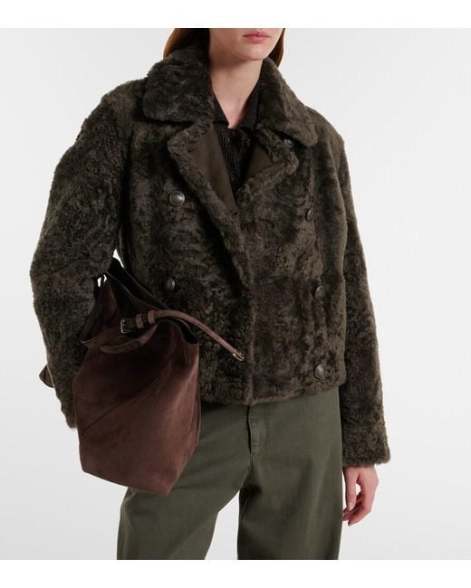 Brunello Cucinelli Green Cropped Double-Breasted Shearling Jacket