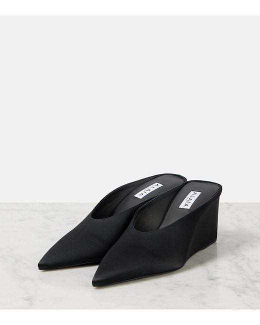 Alaïa Black Satin Point-Toe Wedge Mules