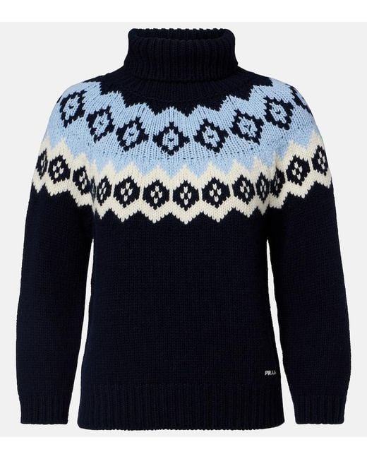 Prada Blue Fair Isle Wool And Cashmere Sweater