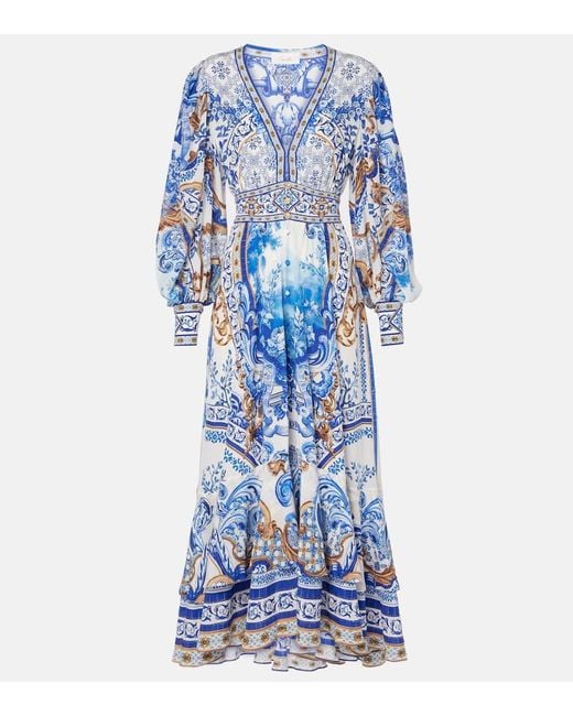 Robe Midi Imprimee En Soie Camilla en coloris Blue