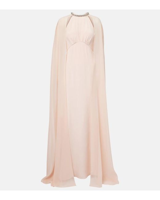 Roland Mouret Natural Embellished Caped Silk Chiffon Gown