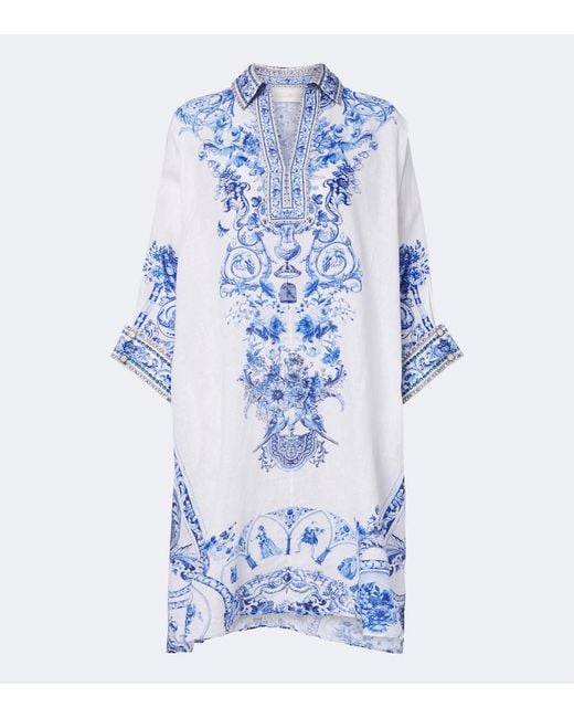 Camilla Blue Floral Crystal-Embellished Linen Kaftan
