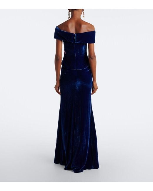 Costarellos Blue Rielle Embellished Floral-Applique Velvet Gown