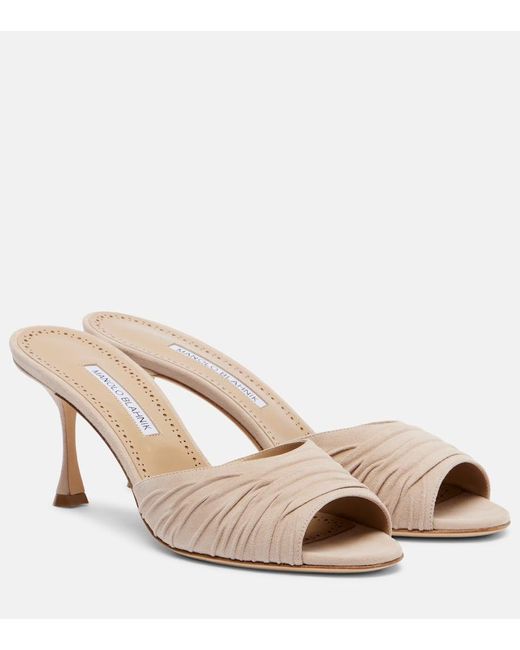 Manolo Blahnik Natural Pirua Gathered Suede Mules