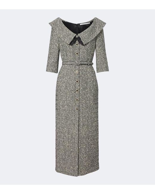 Alessandra Rich Gray Belted Cotton And Wool-Blend Tweed Midi Dress