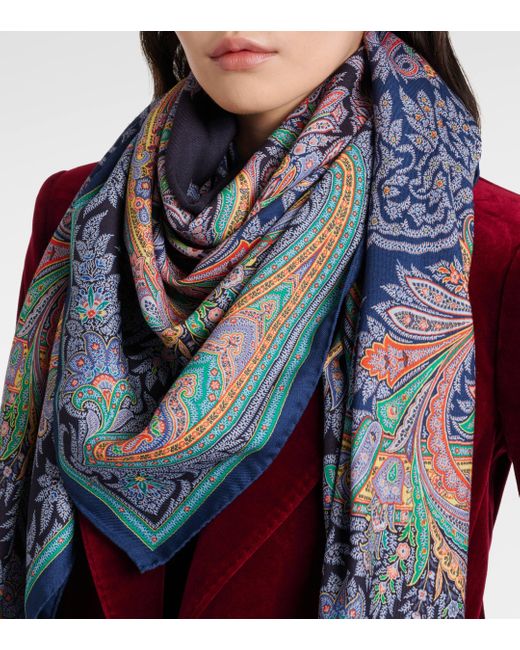 Etro Blue Aida Paisley Wool And Silk Scarf