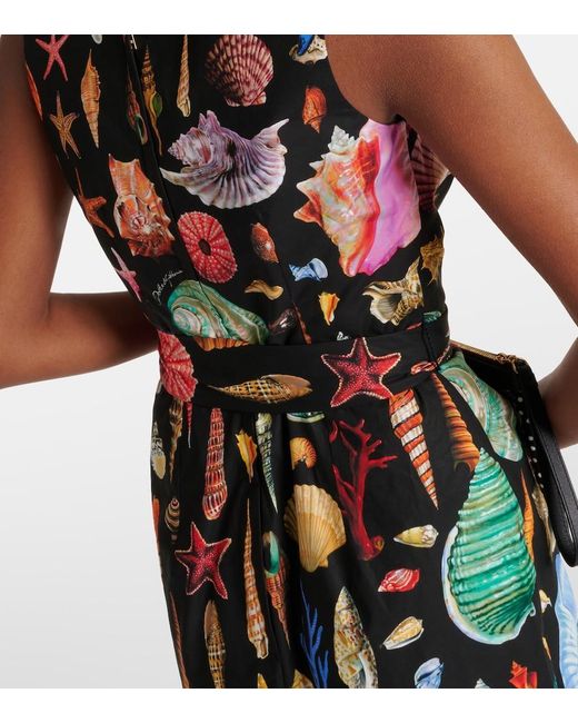 Dolce & Gabbana Black Capri Printed Tie-Detail Cotton Midi Dress
