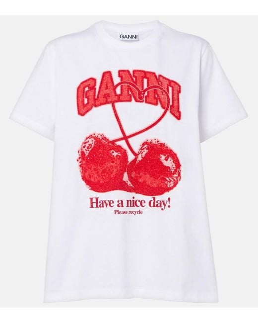 Ganni White Logo Embellished Cotton Jersey T-Shirt