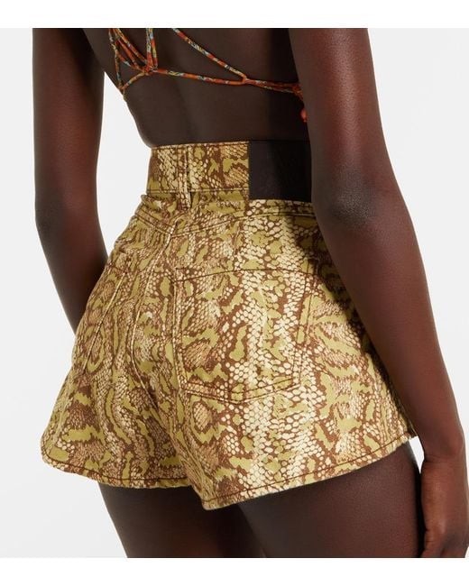 ALÉMAIS Natural Boa Snake-Print Denim Shorts