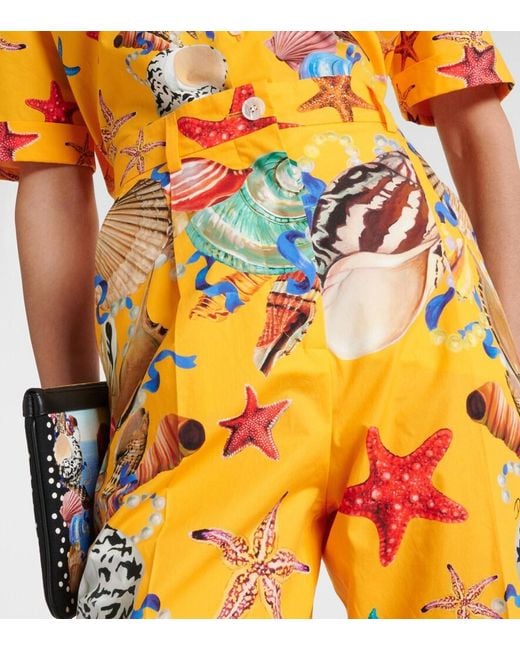 Dolce & Gabbana Yellow Capri Printed High-Rise Cotton Tapered Pants