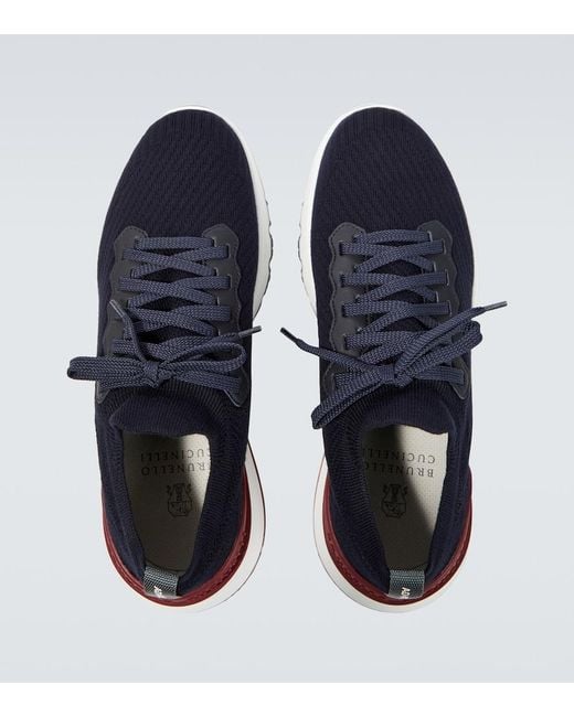 Brunello Cucinelli Blue Knitted Leather-Trimmed Sneakers for men