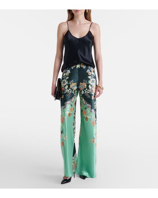 Roberto Cavalli Green Floral Silk Satin Flared Pants