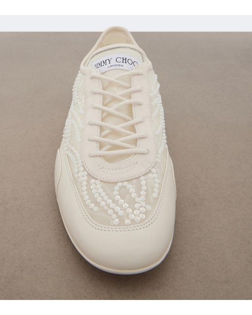 Jimmy Choo White Sunny Suede-Trimmed Embellished Sneakers