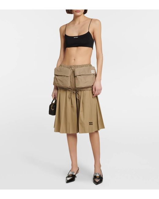 Miu Miu Natural Embroidered Pleated Cotton Midi Skirt