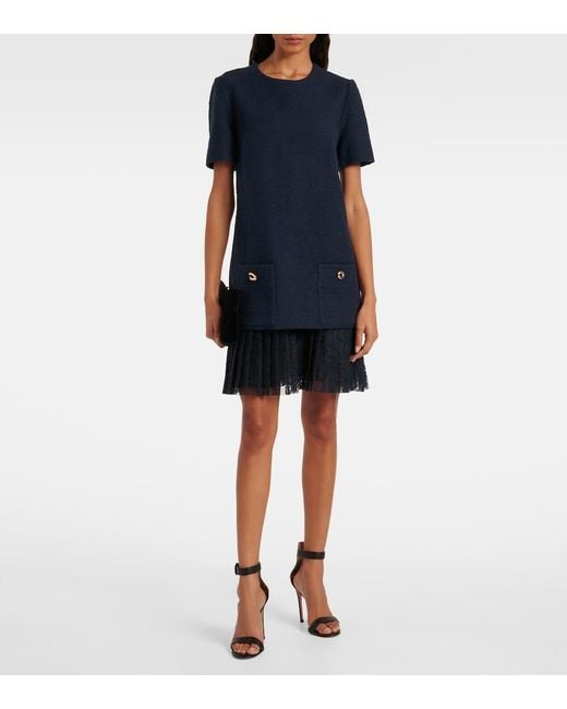 Oscar de la Renta Blue Tweed And Lace Minidress