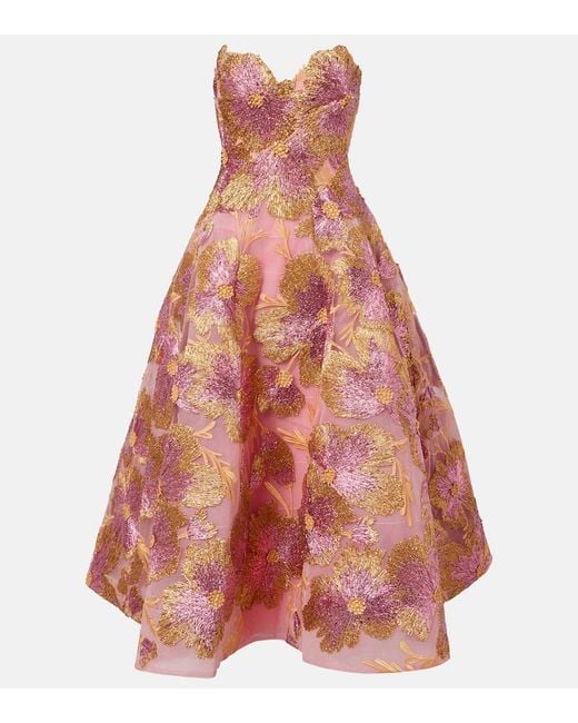 Monique Lhuillier Embroidered Raffia-Blend Midi Dress