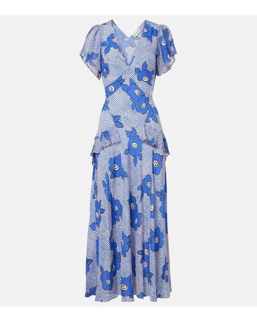 Rixo Blue Evie Floral Silk Maxi Dress