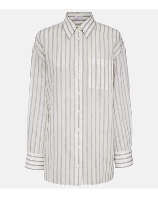 Brunello Cucinelli White Oversize-Hemd aus Baumwolle und Seide