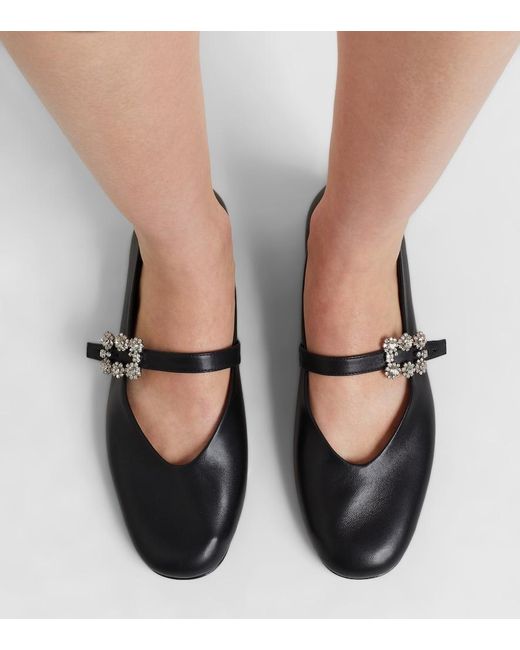 Roger Vivier Black Roundy Toe Embellished Leather Ballet Flats