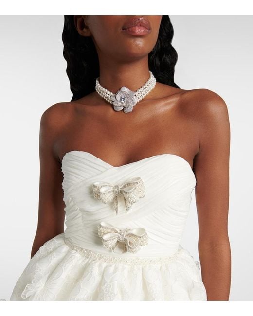 Self-Portrait White Bridal Pleated Organza And Lace Minidress
