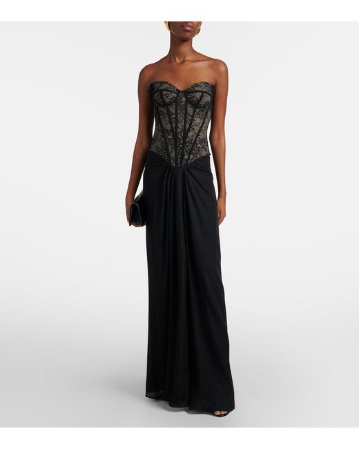 Monique Lhuillier Black Scarf-Detail Draped Lace Gown