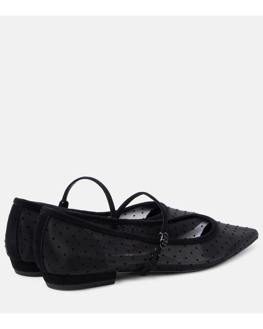 Tory Burch Black Suede-Trimmed Mesh Mary Jane Flats