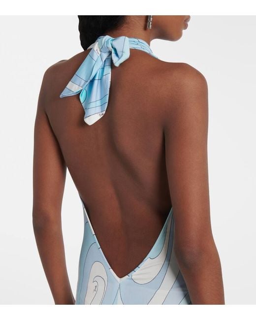 Emilio Pucci Blue Marmo Halterneck Satin Jersey Maxi Dress