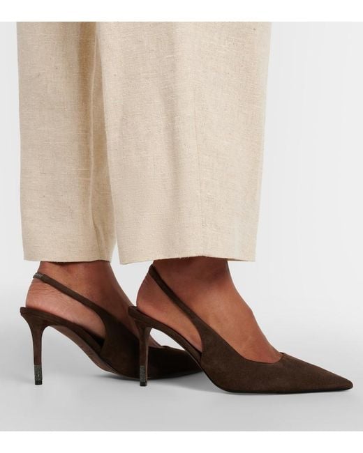 Brunello Cucinelli Brown Monili Suede Slingback Pumps