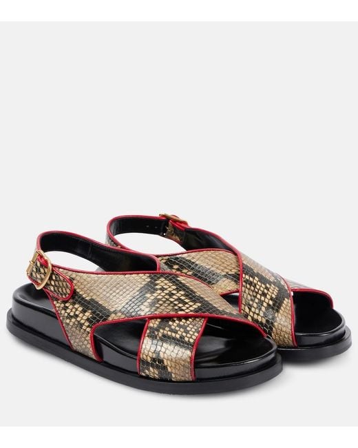 Dries Van Noten Brown Snake-Effect Leather Slingback Sandals