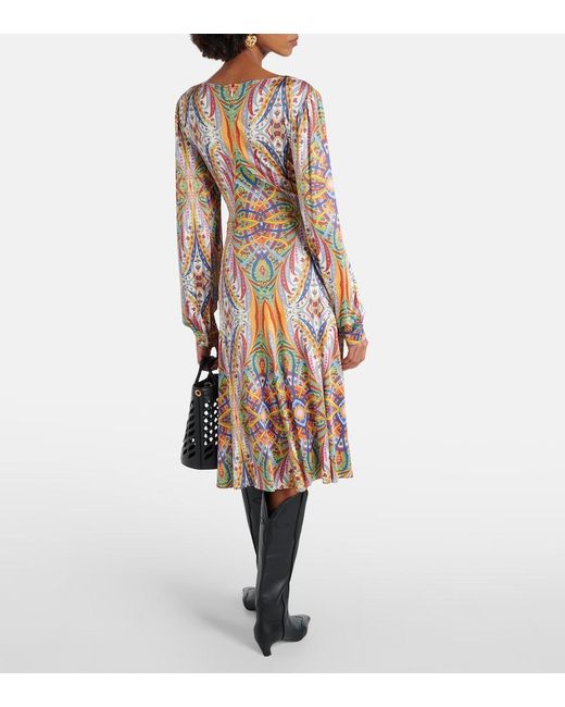 Etro Multicolor Printed Gathered Jersey Midi Dress