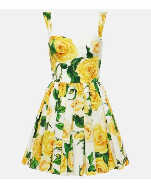 Dolce & Gabbana Yellow Kurzes Bustierkleid Aus Baumwolle Gelbe-Rosen-Print