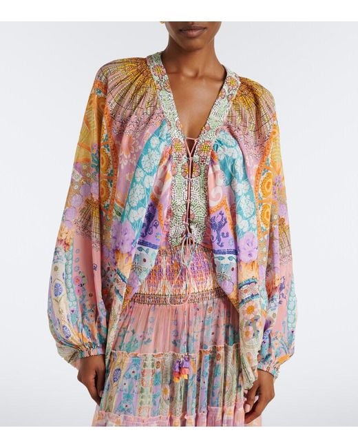 Camilla White Embellished Lace-Up Silk Blouse