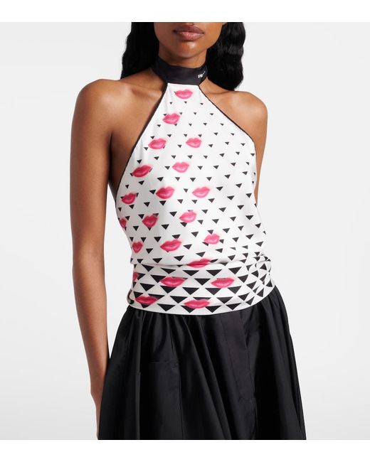 Prada White Printed Silk Twill Halterneck Top