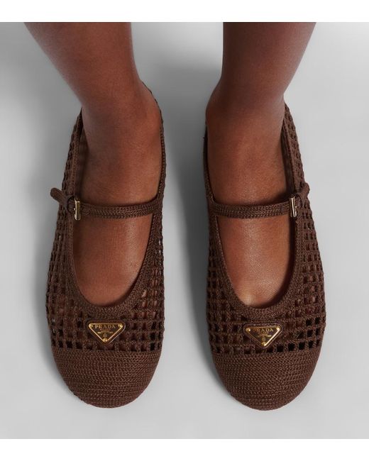 Prada Crochet Mary Jane Flats in Brown | Lyst UK