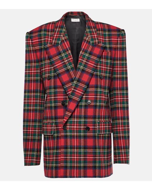 Saint Laurent Checked Double-breasted Wool-blend Blazer in Red | Lyst