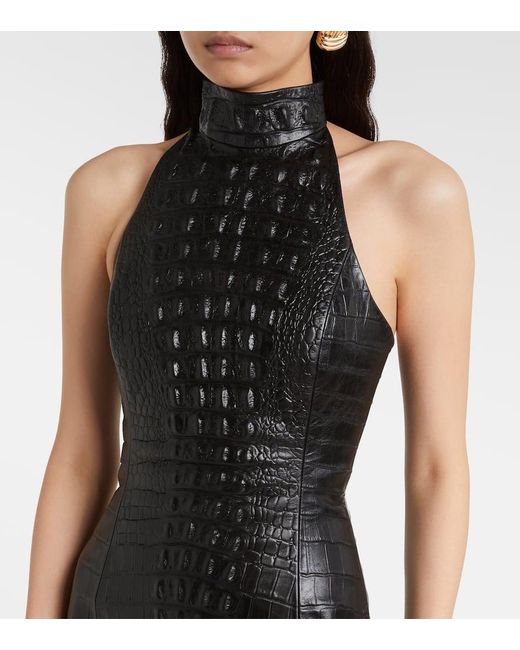 Balmain Black Croc-Effect Halterneck Leather Minidress