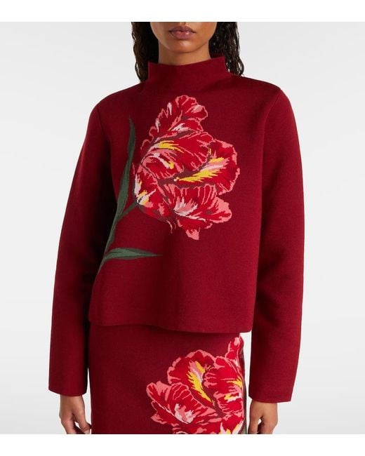 Carolina Herrera Red Floral Jacquard Cotton And Wool Sweater