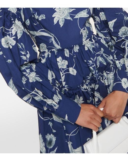 Erdem Blue Floral-print Tiered-hem Cotton-poplin Mini Dress