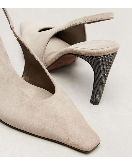Brunello Cucinelli Natural 80 Monili Suede Slingback Pumps