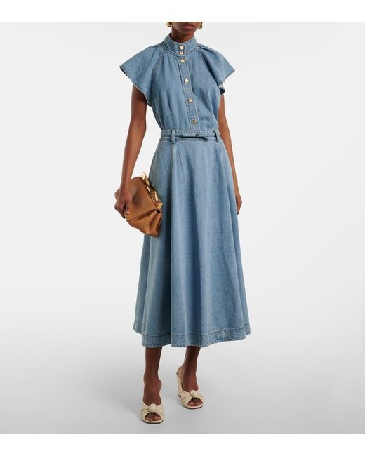 Zimmermann Blue Crush Denim Full Flared Midi Skirt