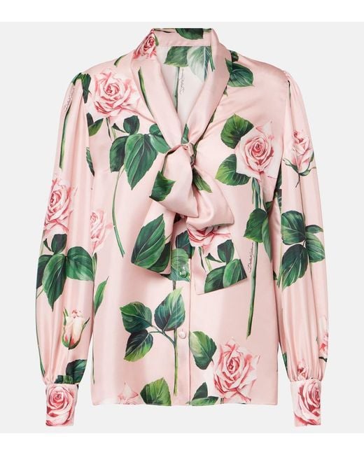 Dolce & Gabbana Pink Floral Tie-Neck Silk Satin Blouse