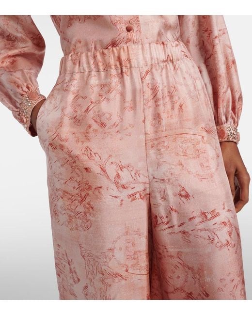 Max Mara Pink Zirlo Printed Silk Twill Wide-Leg Pants