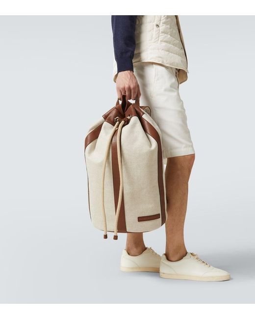 Brunello Cucinelli Brown Leather-Trimmed Canvas Backpack for men