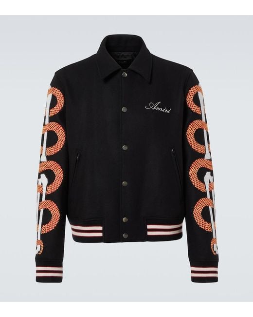 Amiri Black Snake Bones Wool-Blend Varsity Jacket for men