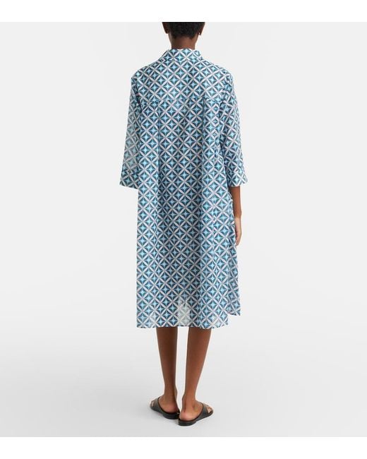 Max Mara Blue Steppa Printed Cotton And Silk Midi Dress