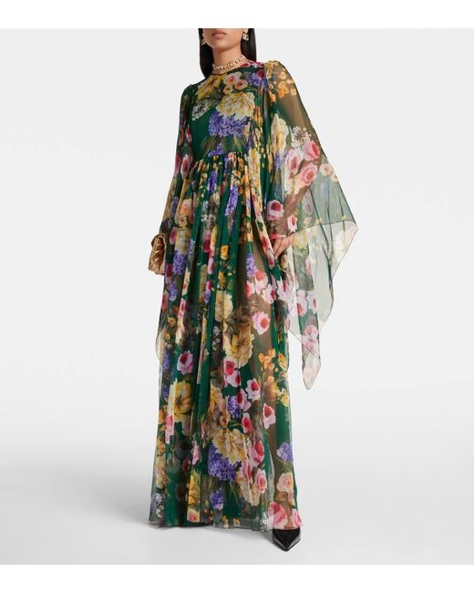 Dolce & Gabbana Green Floral Silk Chiffon Gown