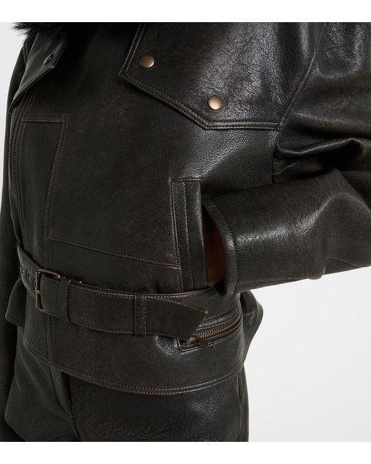Alex Perry Black Shearling-Trimmed Cropped Leather Biker Jacket