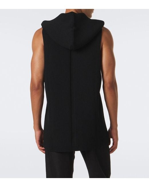 Rick Owens Black Hooded Ribbed-Knit Virgin Wool Tank Top for men