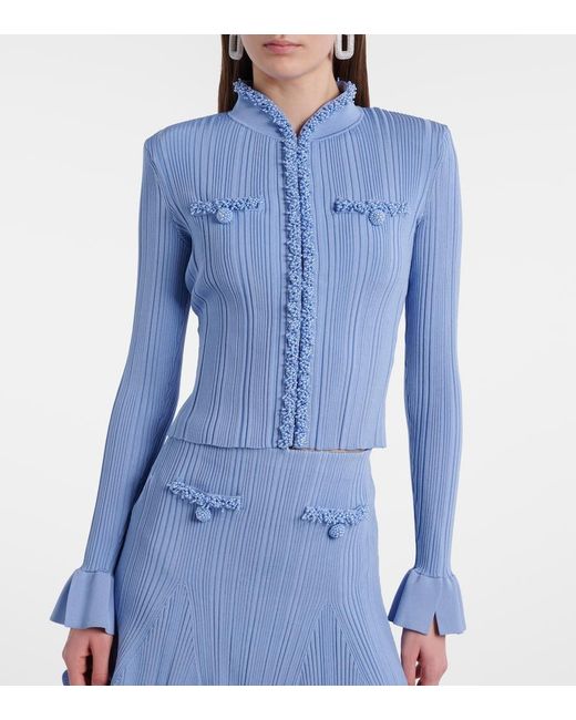 Self-Portrait Blue Beaded Ribbed-Knit Cardigan