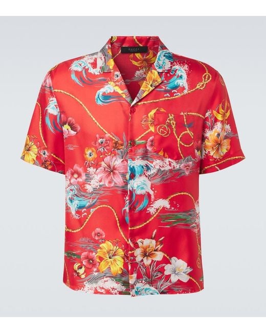 Gucci Red Floral Silk Twill Bowling Shirt for men